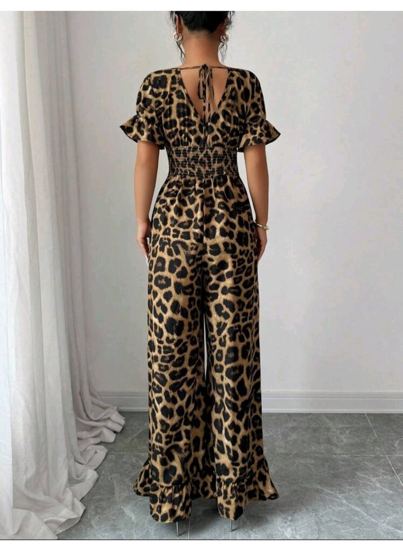 Shein Elenzga Women's Leopard Print Shirred Waist Short Puff Sleeve Wide Leg Jumpsuit - Image 3